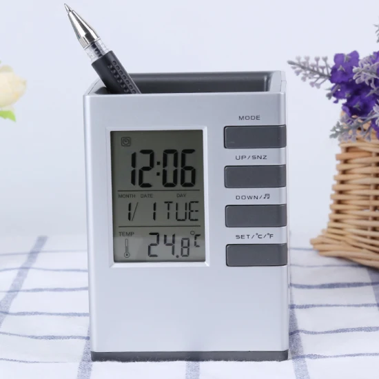 時計、デジタル目覚まし時計、温度表示など多機能ペンホルダー